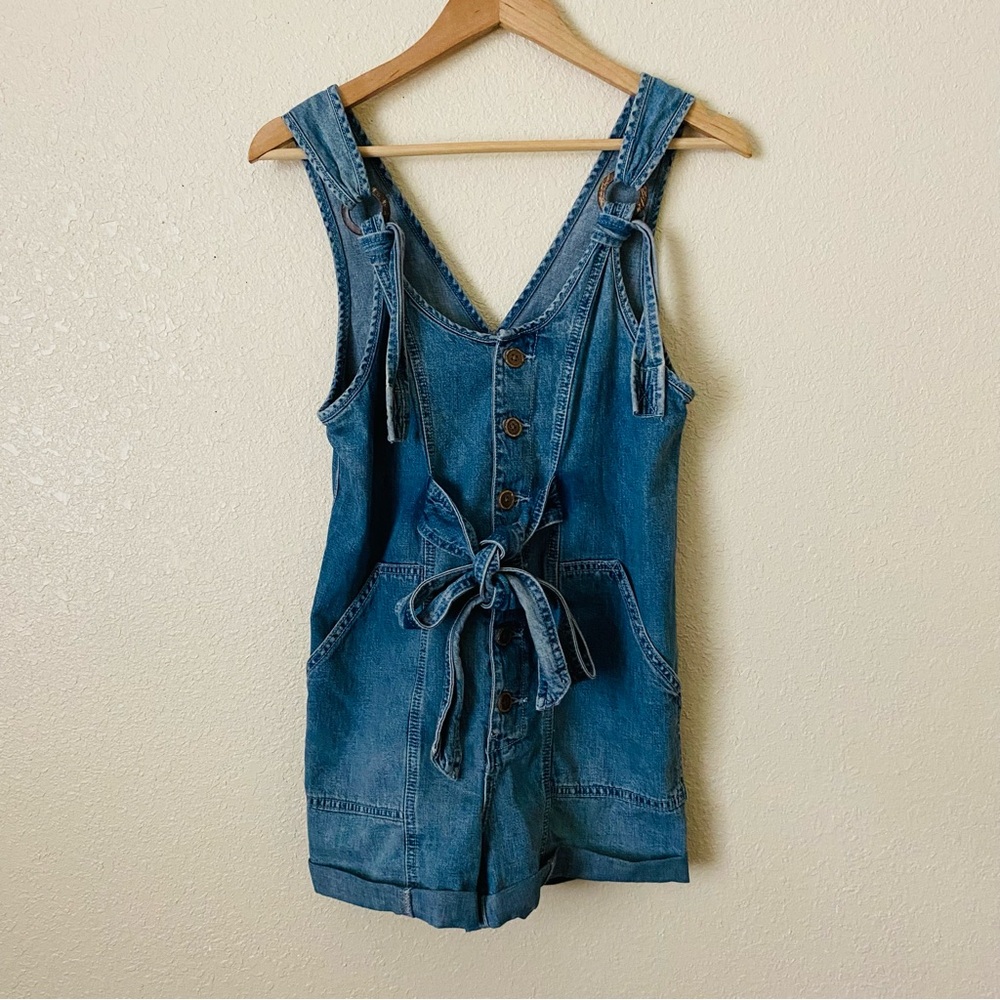 We the Free Denim Button-Up Romper with Tie Waist